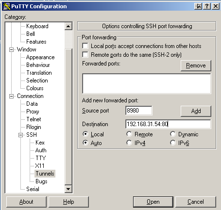 Putty tunnel configuration